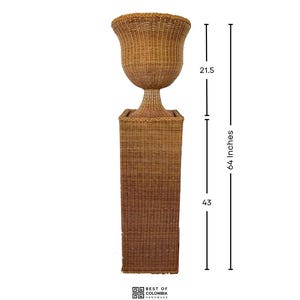 May include: A tall, woven wicker planter with a flared top, measuring 64 inches in height. The planter has a square base and a bulbous upper section, connected by a slender pedestal. The overall color is a warm, natural brown.
