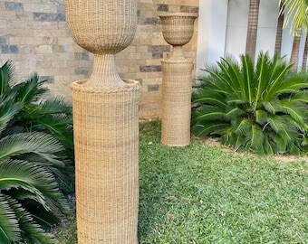 Wicker Pedestal & Urn - 43in Round Plant Pedestals - Handmade pedestal planter and Vase