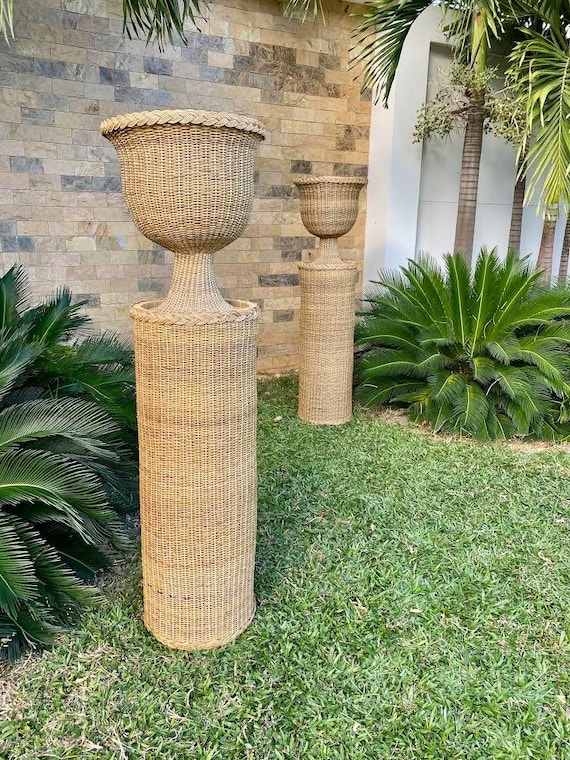 Wicker Pedestal & Urn - 43in Round Plant Pedestals - Handmade pedestal planter and Vase