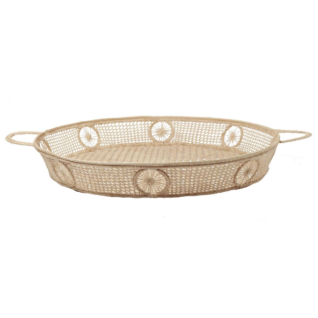 Handwoven Round Rattan Tray – Boho Natural Fiber Serving Dish – Sol ...