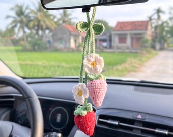 Beautiful Crochet Strawberry Car Hanger with Daisy Flower, Fruit Amigurumi Rearview Mirror Hanging Charm, Knitted Ornament Gift for Her