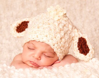 READY Baby Lamb Hat - Baby Boy Hat - Baby Gril Hat - Baby Easter Hat Textured Cream Cap with Chocolate Brown Ears and Polka Dot Ribbon