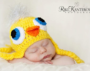 Happy Little Duckie Baby Hat Cap  with Earflaps & Ties-  This Duck has Fun Details - Easter hat