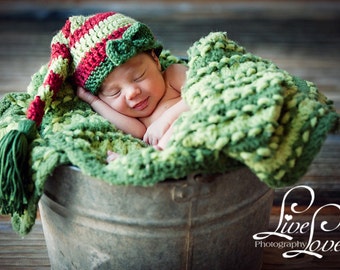 READY Baby Boy Hat -  Baby Christmas Hat - Baby Hat - Red & Green Striped Stocking Hat with Knitted Bow Tie Clip