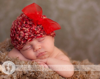 READY Baby Hat - Baby Girl Hat - Baby Valentines Day Hat - - Beautiful Textured hat with  Red Organza Ribbon