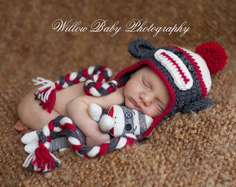 MADE IN USA Classic sock monkey baby hat made with 30% milk protein fiber 