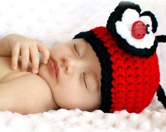 Baby Girl Hat - Adorable Lady Bug Ladybug Baby Cocoon and Hat with Flower Clip & Super Cute Lady Bug Button Accent