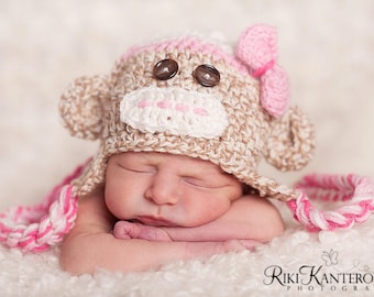 READY Baby Girl Hat - Baby Hat  Newborn Baby Monkey Hat  with Earflaps & Ties and Knitted Bow Tie clip - Great Details