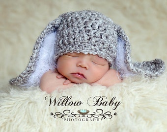 Hoppy Easter!  Baby Hat - Baby Bunny Hat with Big Floppy Ears - Grey and White