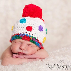 Fun Baby Hat White with Colorful Polka Dots & Big Pom Pom - You Choose Colors - Create Your Own Hat