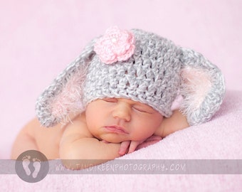 READY Baby Girl Hat -  Baby Bunny Hat  - Baby Hat Grey & White with Fuzzy Pink Ears and Pink Flower with Pearl Center