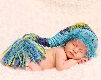 Baby Boy Hat - Soft & Chunky Baby Stocking Hat - Baby Hat Shades of Blue and Green with Fuzzy Fur Trim and Big Tassel