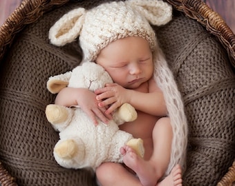 READY  Baby Lamb Hat - Baby Boy Hat - Baby Gril Hat Textured Ivory Cap with Tan Trim