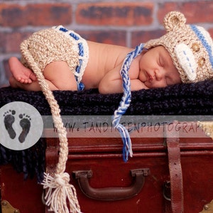 Baby Monkey Hat & Diaper Cover  Earflaps. Ties, Tail and Knitted Bow Tie clip BLUE or PINK accents