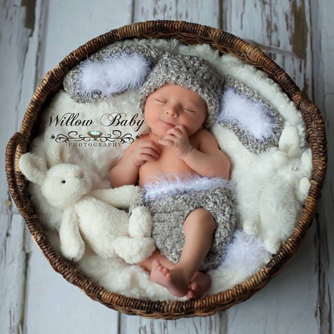 READY Baby Hat baby Easter Hat Baby Bunny Hat & Diaper Cover Grey and