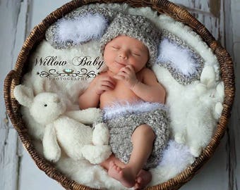 READY Baby Hat -Baby Easter Hat  -  Baby Bunny Hat & Diaper Cover Grey and White, Floppy Ears and Fuzzy Trim and big Fluffy Tail