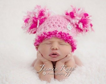 Baby Girl Hat - Baby Easter Hat Baby Hat Pink with Pom Poms &  Bunny button - Very soft and fun texture