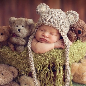 Baby Hat - Baby Bear Hat  - Baby Boy Hat - Baby Girl Hat- and Earflaps and Ties with pom pom's