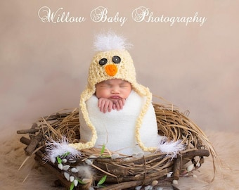 Baby Hat - Happy Easter Baby Hat Very Soft  Baby Duck Hat - Duckie Hat with Earflaps and Ties - Fun Details