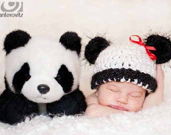 READY Adorable Baby Hat - Baby Panda Bear Hat - Soft Textured Hat with Black Fuzzy Ears & Red Ribbon