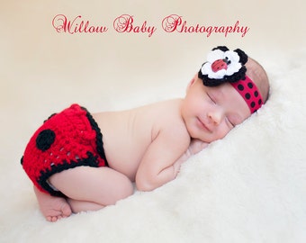 Baby Girl Hat - Gorgeous Baby Lady bug Headband and Diaper Cover with Flower and Lady bug Button