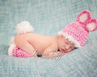 Baby Girl Hat - Baby Bunny Hat with  Leg Warmers and fluffy tail.