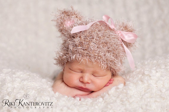Adorable Newborn Fuzzy Baby Hat Baby Bear Hat Soft Tan With Pink