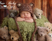 Baby Hat -READY TO SHIP Baby Bear Hat  - Baby Boy Hat - Baby Girl Hat-  2 Color Choices Earflaps and Ties with pom pom's