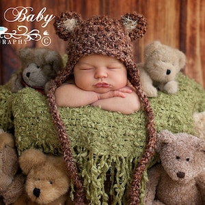READY Baby Hat - Baby Bear Hat  - Baby Boy Hat - Baby Girl Hat-  2 COLOR CHOICES Earflaps & Ties with pom pom&#39;s