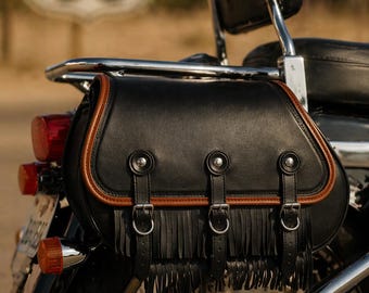 Genuine Leather Motorcycle Saddlebag with Fringe and Rain Cover Single Side Bag