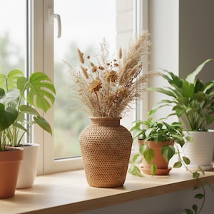 Könnte beinhalten: Eine gewebte Rattanvase, gefüllt mit getrockneten Blumen und Gräsern, steht auf einer Holzfensterbank. Topfpflanzen umgeben die Vase und schaffen eine natürliche Dekoration. Die Vase hat eine hellbraune Farbe.