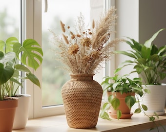 Hand Woven Rattan Flower Vase Rustic Wicker Branch Pot for Boho Home Decor