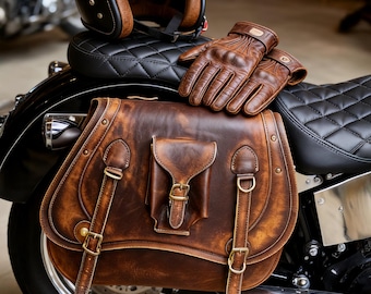 Handmade Two-Tone Crazy Horse Leather Motorcycle Saddlebag Universal Side Pannier 20 Inch (1 Pcs)