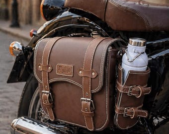 Synthetic Leather Motorcycle Side Bag with Bottle Holder Waterproof Single Pannier Storage (1 Pcs)