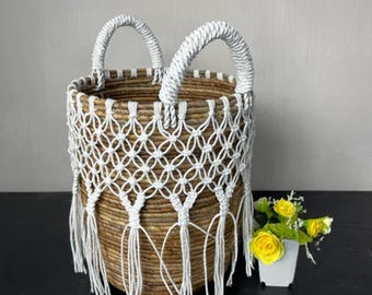 Banana Fiber Woven Pot Cover with Macrame Net Detail Boho Plant Basket