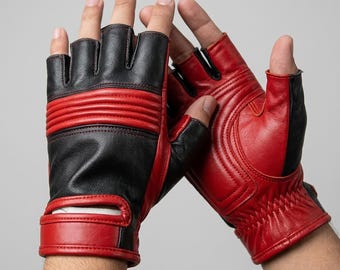 Red and Black Half Finger Leather Riding Gloves Genuine Sheepskin Biker Gear