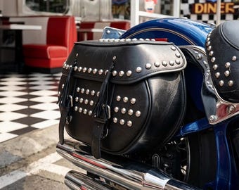 Universal Studded Leather Motorcycle Saddlebags for Cruiser and Softail Models