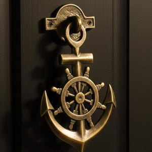May include: A bronze-colored door knocker in the shape of an anchor with a ship's wheel. The knocker is mounted on a dark brown door. The anchor design includes a detailed ship's wheel in the center.