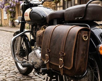 Handmade Crazy Horse Genuine Leather Motorcycle Saddlebag Vintage Side Pannier 14 Inch