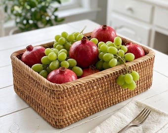 Handwoven Rectangular Wicker Storage Basket for Kitchen Pantry and Home Organization