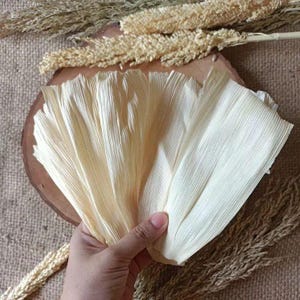 Puede incluir: Una mano sostiene un abanico de hojas de maíz secas, de color crema, con vetas paralelas visibles. Las hojas están dispuestas sobre un disco de madera, con espigas de trigo secas en el fondo. La estética general es natural y rústica.