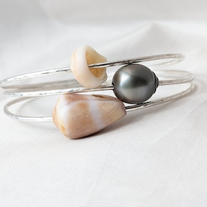 Set of 3 Sterling Silver Tahitian Pearl, puka and cone shell Bangles