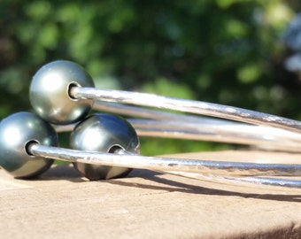 Set of 3 Custom Sterling Silver 12G Tahitian Pearl Bangles