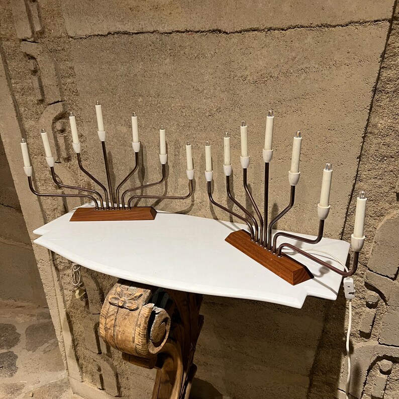 1960s Modernist Menorah Sculptural 7 Arm Table Lamp Pair Teak & Brass Parzinger image 1
