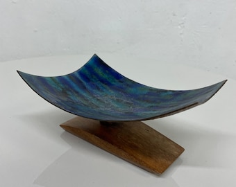 Modern Curved Lines Dreamy Blue Art Enamel Sculpture Koa Wood Base 1980s