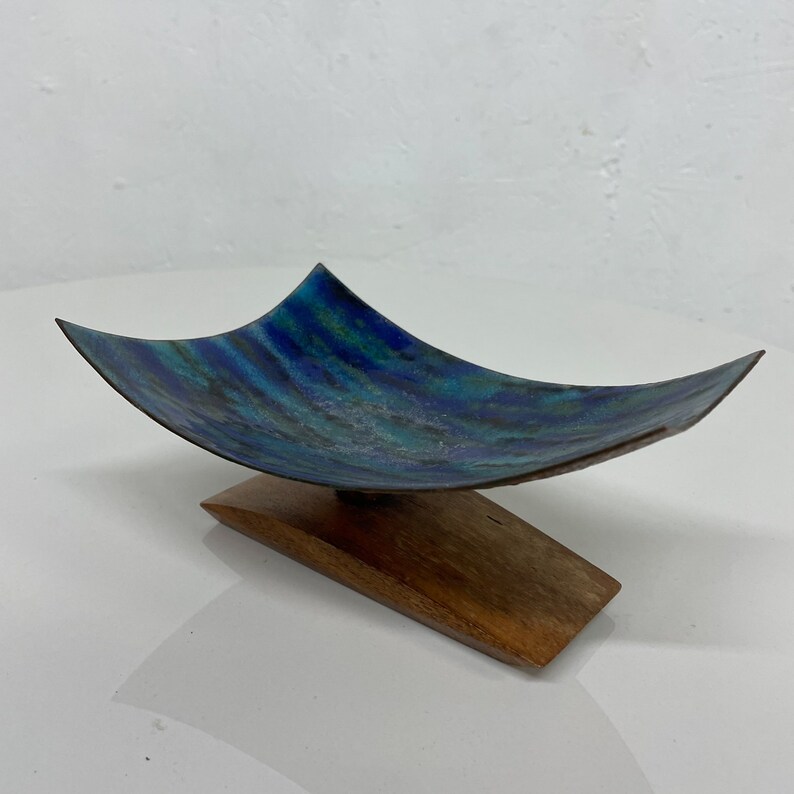 Modern Curved Lines Dreamy Blue Art Enamel Sculpture Koa Wood Base 1980s image 1