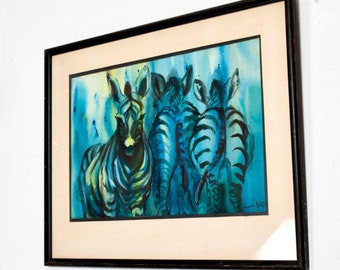 1970s Soothing Blue Abstract Zebra Watercolor Gouache Painting, signed