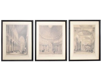 1960s Mid-Century Modern Italian Column Architecture Etchings Framed - Set of 3