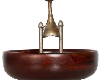 1960s Modernist Design Elegant Wood Nut Bowl + Nutcracker USA