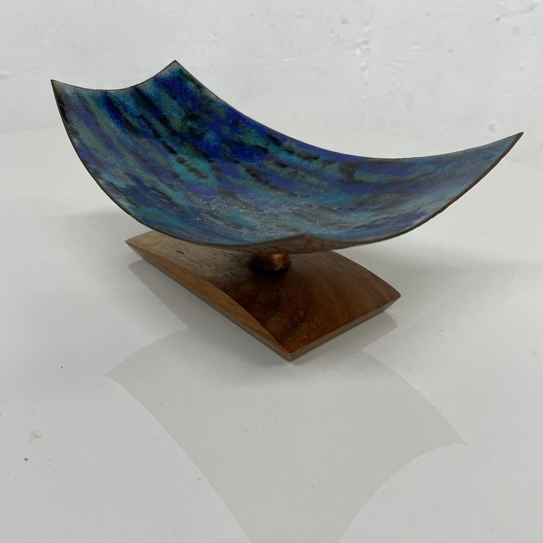 Modern Curved Lines Dreamy Blue Art Enamel Sculpture Koa Wood Base 1980s image 4